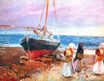 three women at the table by the lamp Painting - fisherwomen on the beach valencia 1903